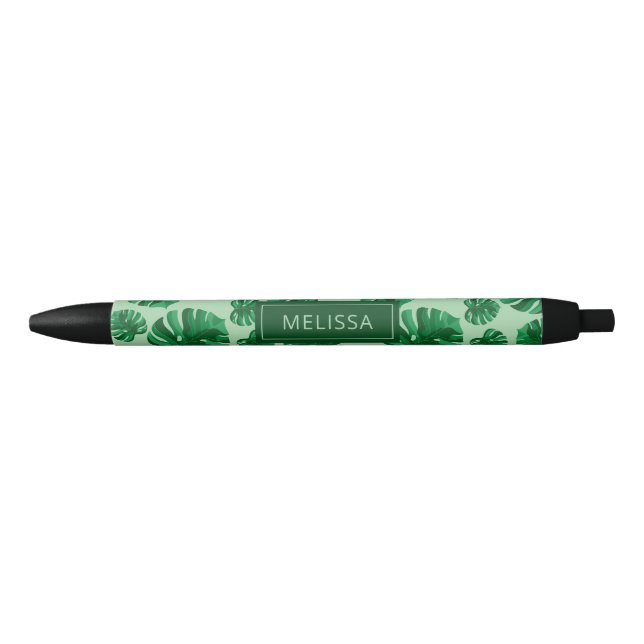Bolígrafo De Tinta Negra Hojas de Palma Monstera Verde Tropical & Nombre Pe (Anverso)