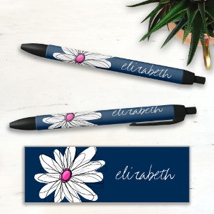 Bolígrafo De Tinta Negra Ilustracion Daisy Floral de moda - marina y rosa