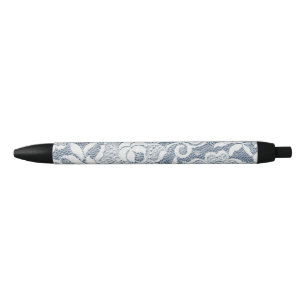 Bolígrafo De Tinta Negra Imagen floral blanca del cordón del dril de