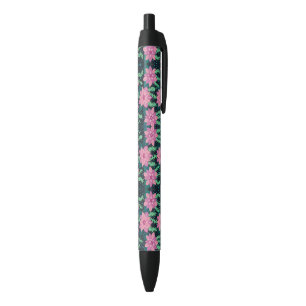 Bolígrafo De Tinta Negra Impresión floral rosa y verde sobre negro