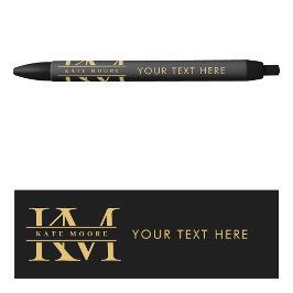 Bolígrafo De Tinta Negra Iniciales de Monograma Modernas Negro Oro Profesio