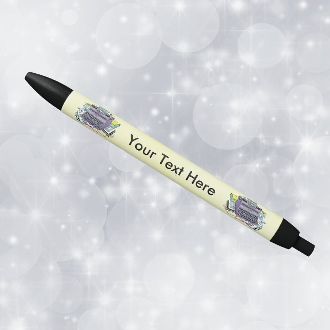 Bolígrafo De Tinta Negra Lápiz de papel de máquina de escribir herramientas (Purple typewriter paper books on yellow writing pen perfect gift for writers.)