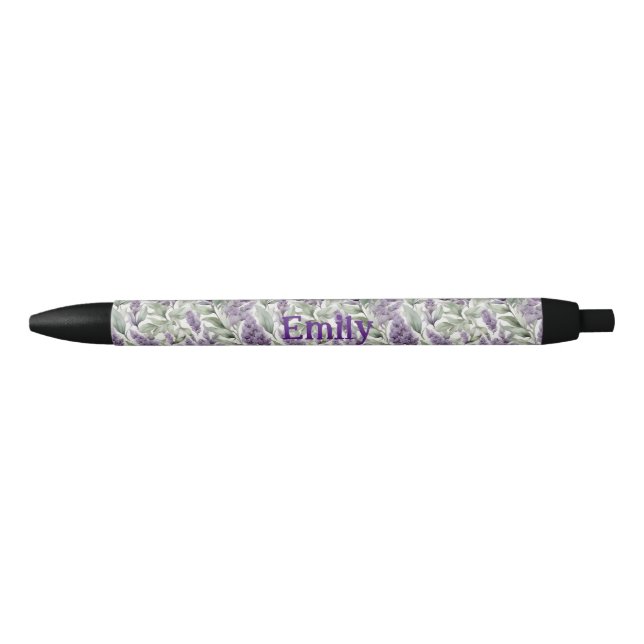 Bolígrafo De Tinta Negra Lila y salvia personalizado floral elegante (Anverso)