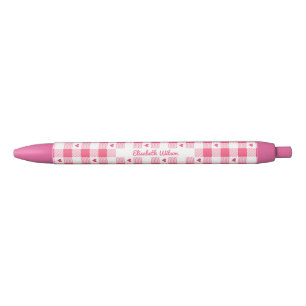 Bolígrafo De Tinta Negra Lindo cuadros de gingham rosa y blanco con corazon