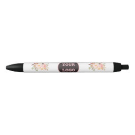 Bolígrafo De Tinta Negra Logotipo de las flores rosadas de color acuático m