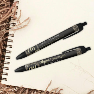 Bolígrafo De Tinta Negra Logotipo de negocio de floristería negro y broncea