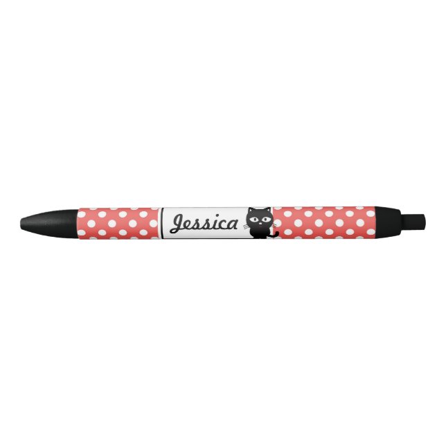 Bolígrafo De Tinta Negra Lunar rojo y gato negro personalizados (Anverso)