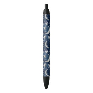 Bolígrafo De Tinta Negra Lunas de Estrellas Plateadas Azules