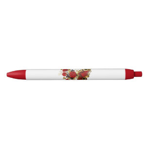 Bolígrafo De Tinta Negra Mariposa de flor roja con rosas rojas