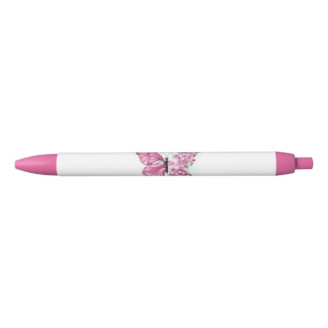 Bolígrafo De Tinta Negra Mariposa de flores con Sakura rosa (Anverso)
