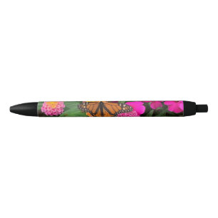 Bolígrafo De Tinta Negra Mariposa Monarca y Flores Rosas