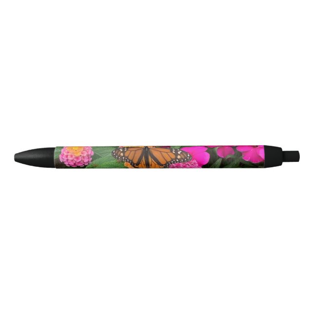 Bolígrafo De Tinta Negra Mariposa Monarca y Flores Rosas (Anverso)
