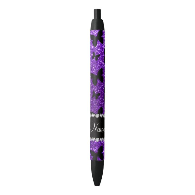 Bolígrafo De Tinta Negra Mariposa púrpura personalizada del purpurina del (Frente vertical)