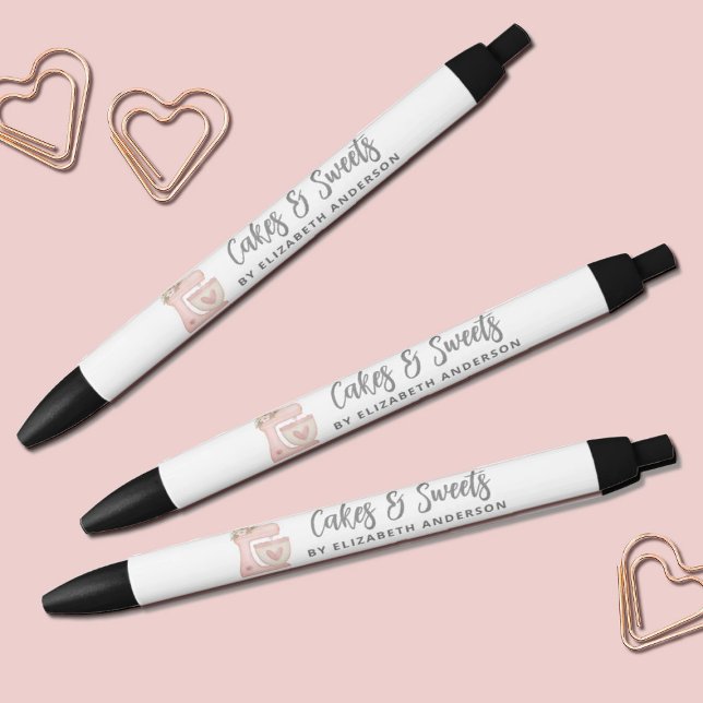Bolígrafo De Tinta Negra Mezclador simple Floral Cake Bakery Business (Cute pink mixer bakery business pens. Personalize them with your name)