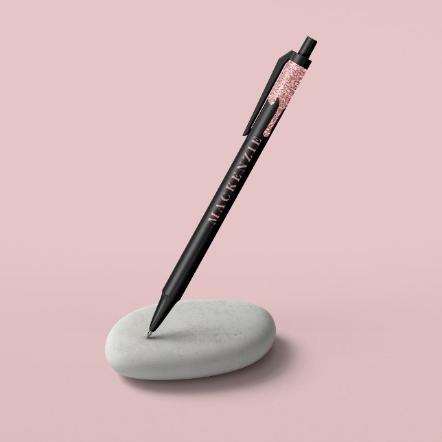 Bolígrafo De Tinta Negra Moda Negro y Rosa Purpurina Gold Dripping Luxury (Chic Black and Rose Gold Glitter Dripping Luxury Pen)