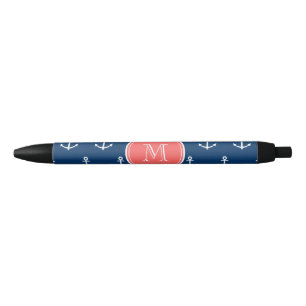 Bolígrafo De Tinta Negra Modelo blanco de las anclas de los azules marinos,