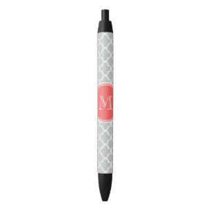Bolígrafo De Tinta Negra Modelo gris de Quatrefoil, monograma coralino