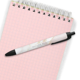 Bolígrafo De Tinta Negra Modern Chic Rose Gold Blush Pink Marble Monogram