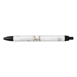 Bolígrafo De Tinta Negra Modern Marble Gold Girly Script Monogram