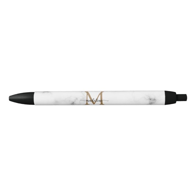 Bolígrafo De Tinta Negra Modern Marble Gold Girly Script Monogram (Anverso)