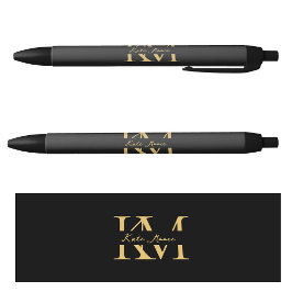 Bolígrafo De Tinta Negra Modern Monogram Professional Black Gold Marketing