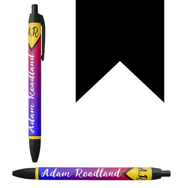 Bolígrafo De Tinta Negra Moderno nombre de monograma inicial, lujo asequibl (Modern style pen
Blue red gold pen
Initial monogrammed name pen
Affordable luxury pen)