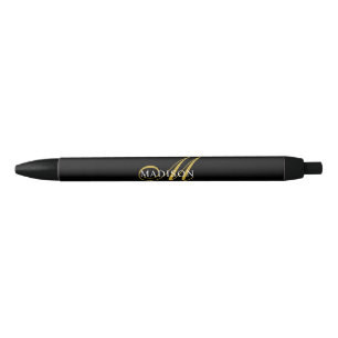 Bolígrafo De Tinta Negra Moderno y elegante guión de oro de monograma negro