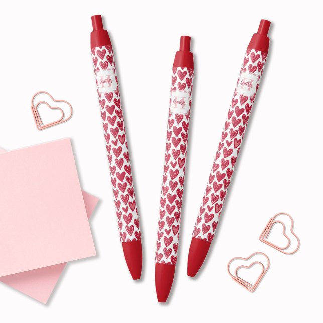 Bolígrafo De Tinta Negra Monogram Red Valentine Heart Pattern (Cute monogram red heart pattern pens. so girly & fun! A great gift for a friend for Valentine's Day.)