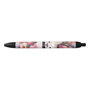 Bolígrafo De Tinta Negra Monograma de acuarela floral de azaleas rosadas y 