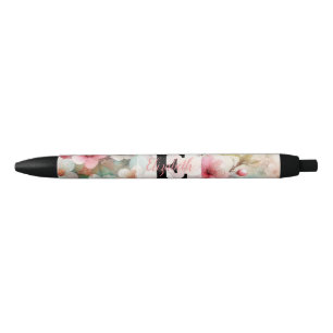 Bolígrafo De Tinta Negra Monograma de acuarela floral de flores de cerezo r