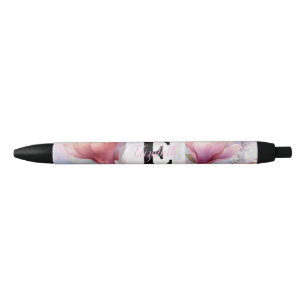 Bolígrafo De Tinta Negra Monograma de acuarela floral de flores de magnolia