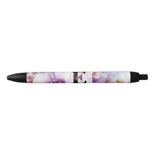 Bolígrafo De Tinta Negra Monograma de acuarela floral de flores de orquídea