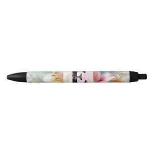 Bolígrafo De Tinta Negra Monograma de acuarela floral de lirios rosados flo