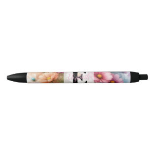 Bolígrafo De Tinta Negra Monograma de acuarela floral de margaritas rosadas