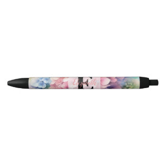 Bolígrafo De Tinta Negra Monograma de acuarela floral hortensia rosa