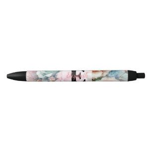 Bolígrafo De Tinta Negra Monograma de acuarela floral rosas rosadas flores 