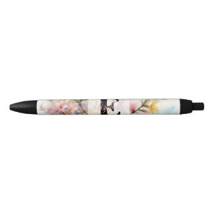 Bolígrafo De Tinta Negra Monograma de acuarela flores rosadas amarillas de