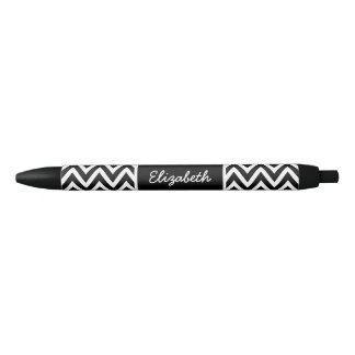 Bolígrafo De Tinta Negra Monograma de cheurón negro y blanco