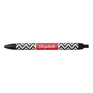 Bolígrafo De Tinta Negra Monograma de cheurón negro y rojo
