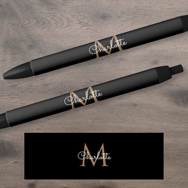 Bolígrafo De Tinta Negra Monograma de oro negro elegante guión elegante (Black Gold Monogram Elegant Girly Script Pen)