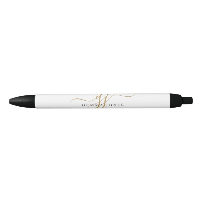 Bolígrafo De Tinta Negra Monograma de oro negro moderno Nombre de guión ini (Anverso)