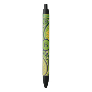 Bolígrafo De Tinta Negra Monograma de Patrón de Paisley Verde Ornamentado