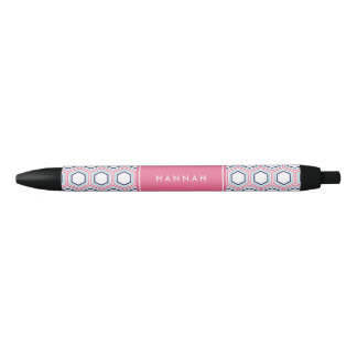 Bolígrafo De Tinta Negra Monograma de patrón geométrico rosado