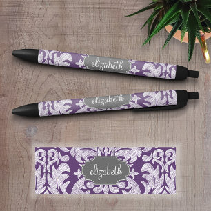 Bolígrafo De Tinta Negra Monograma del patrón de Damasco de color morado y