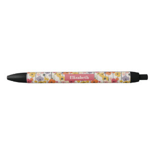 Bolígrafo De Tinta Negra Monograma del patrón floral retro