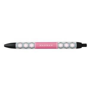 Bolígrafo De Tinta Negra Monograma del patrón geométrico azul verde y rosa