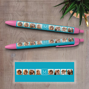 Bolígrafo De Tinta Negra Monograma del Personalizado Aqua Blue Collage de f