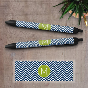 Bolígrafo De Tinta Negra Monograma del Personalizado de los Chevrons azul y