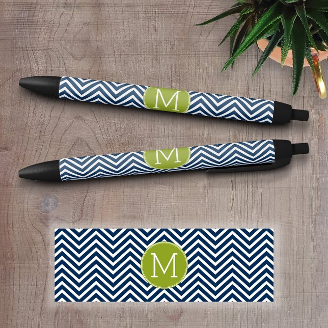Bolígrafo De Tinta Negra Monograma del Personalizado de los Chevrons azul y (Personalized Writing Pens)