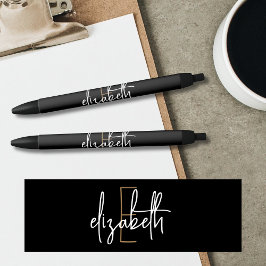 Bolígrafo De Tinta Negra Monograma Elegante Negro Dorado Script
